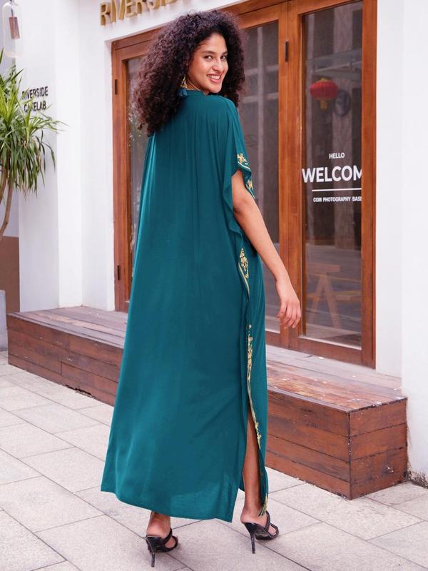 Women's Ethnic Pattern Embroidery Notched Neck Split Hem Kaftan Dress, Casual Batwing Sleeve Long Dress for Daily Wear, Ladies Clothes for All Seasons