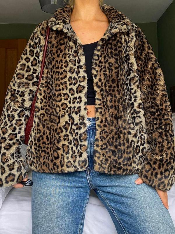 Women's Leopard Print Button Front Fleece Jacket, Street Long Sleeve Collared Fuzzy Outerwear for Fall & Winter, Ladies Clothes for Daily Wear