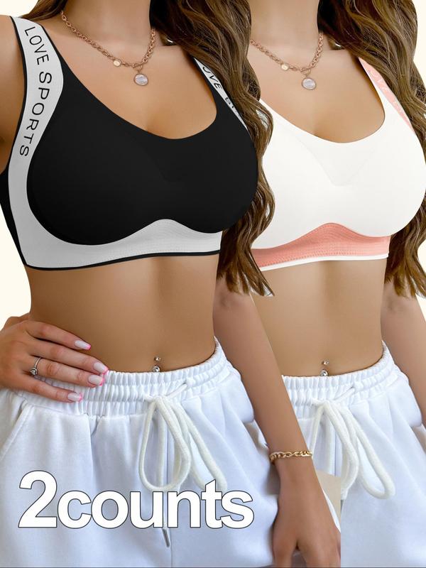 Women's Colorblock Letter Print Wireless Bra, Soft Comfortable Breathable Seamless Lingerie for Daily Wear, Ladies Underwear for All Seasons