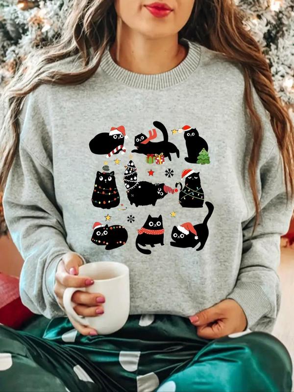 Women's Cartoon Cat Print Drop Shoulder Sweatshirt, Casual Long Sleeve Round Neck Pullover for Daily Wear, Ladies Fall & Winter Clothes