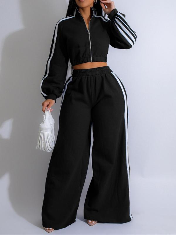 Women's Solid Zip Up Crop Jacket & Wide Leg Pants Two-piece Set, Casual Funnel Neck Long Sleeve Top & Elastic Waist Trousers for Daily Wear, Ladies Two-piece Outfits for All Seasons