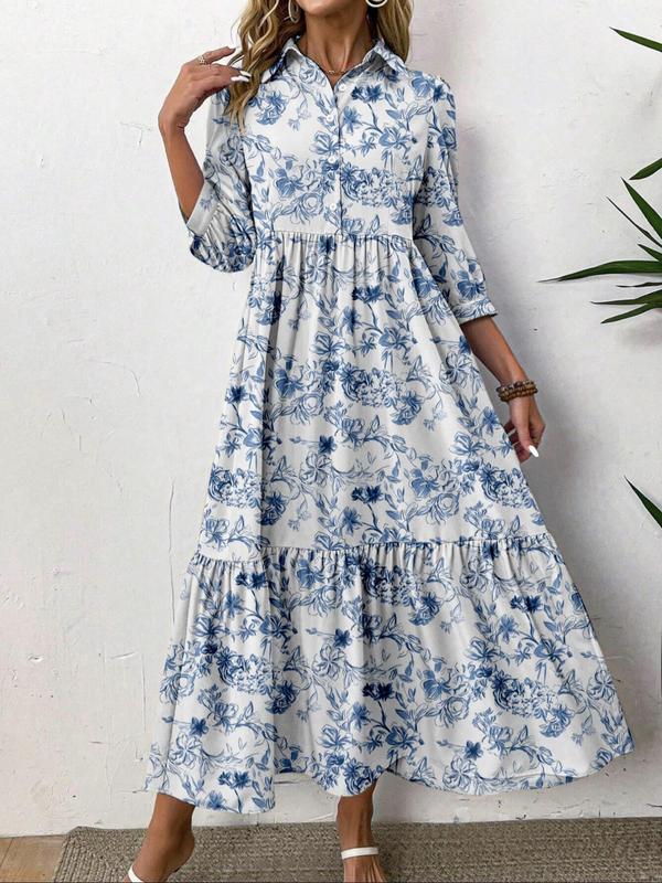 Women's Ditsy Floral Print Button Front Ruffle Hem Dress, Boho Fashion Casual Collared Long Dress for Daily Holiday Vacation Wear, Ladies Dress for Summer