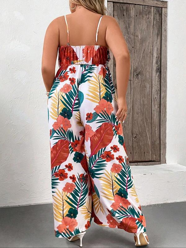 Plus Size Floral Print Cami Jumpsuit, Boho Adjustable Strap Sleeveless Jumpsuit for Beach Holiday Vacation, Women's Clothes for Summer