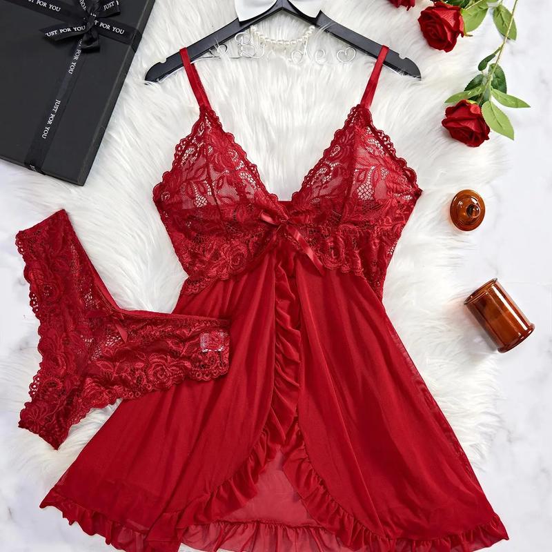 Women's Contrast Lace Ruffle Trim Wrap Cami Nightdress & Bow Front Panty Set, Adjustable Spaghetti Strap Backless Nightgown & Knicker Set, Underwear for Women