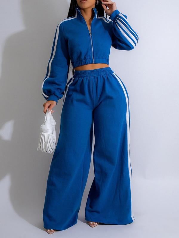 Women's Solid Zip Up Crop Jacket & Wide Leg Pants Two-piece Set, Casual Funnel Neck Long Sleeve Top & Elastic Waist Trousers for Daily Wear, Ladies Two-piece Outfits for All Seasons