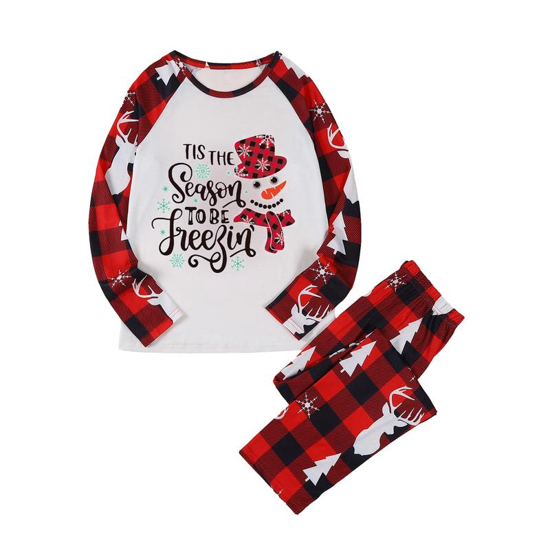 （Mom）Christmas Family Pajamas Matching Set, Snowman Letters Print T-shirt with Plaid Pants Sleepwear Loungewear Crewneck Long Sleeve