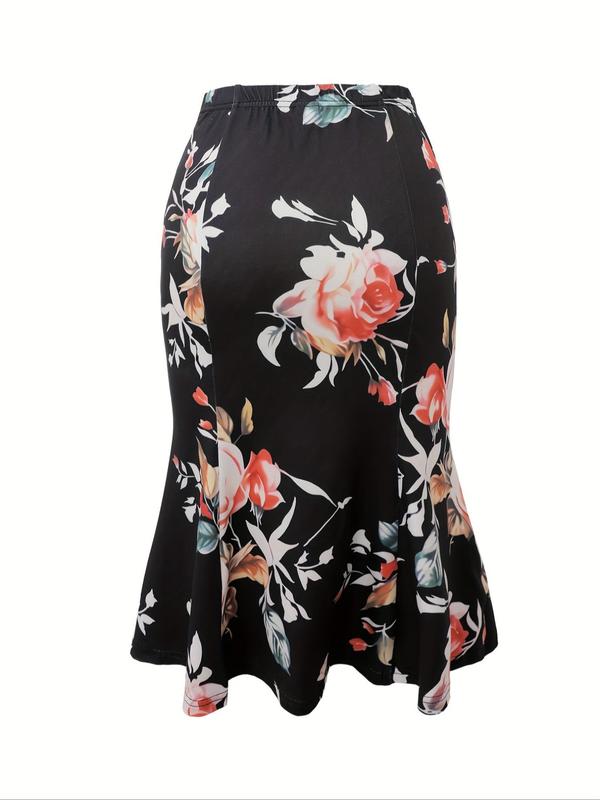 Women's Floral Print Elastic Waist Mermaid Skirt, Elegant Fashion Casual High Waist Midi Skirt for Daily Outdoor Wear, Ladies Bottoms for All Seasons, Fall Outfits, Fallfreshness