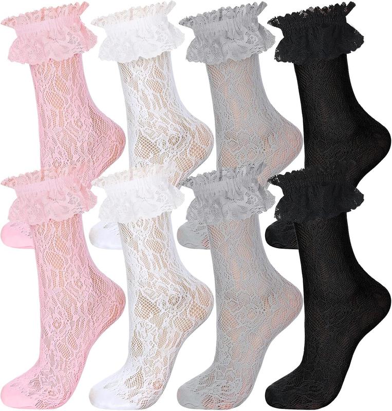 4 Pairs Lace Ruffle Frilly Ankle Socks Women Lace Socks Cute Dress Socks for Women Ladies Princess Accessories