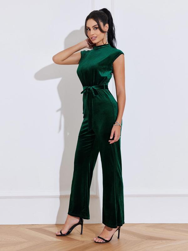 YOZY Women's Cut Out Belted Velvet Wide Leg Jumpsuit, Elegant Batwing Sleeve Mock Neck Jumpsuit for Vacation Holiday, Ladies Spring & Summer Clothes