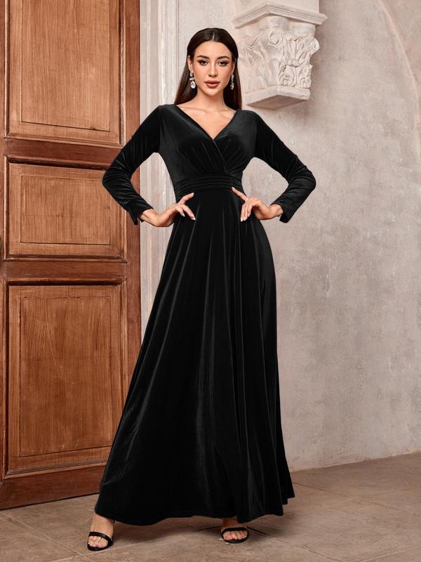 Women's Plain Ruched Wrap Velvet Dress, Elegant V Neck Long Sleeve A Line Dress for Party Evening Formal Occasions, Ladies Fall & Winter Clothes