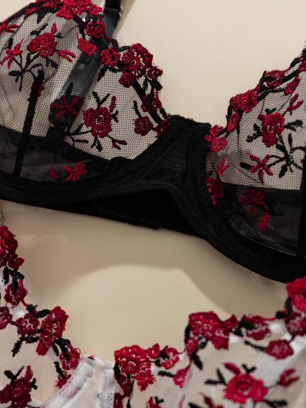 Women's Floral Embroidery Sheer Tulle Sexy Lingerie Set, Adjustable Strap Push Up Bra & Thong Set, Sexy Lingerie Set for Women