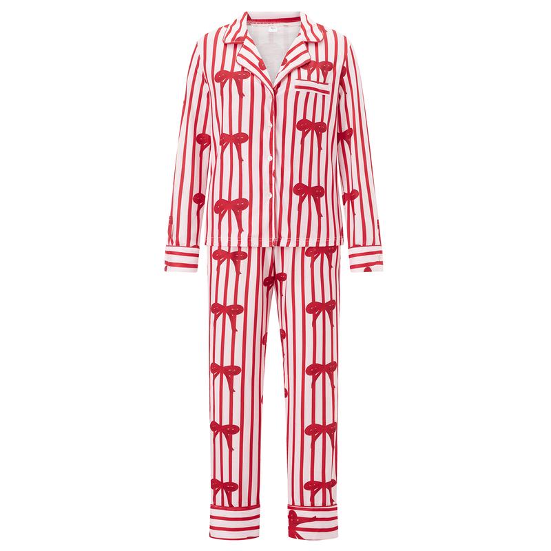 Family Pjs Matching Sets Lapel Neck Button-up Long Sleeve Tops Long Pants Sets Couples Christmas Holiday Jammies