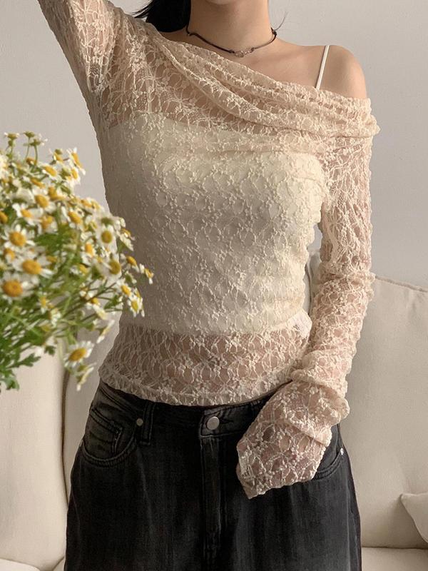 Women's Solid Off Shoulder Sheer Lace Tee, Trendy Casual Long Sleeve Top for Fall & Winter, Women's Clothing for Daily Wear