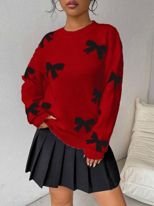 Women's Bow Print Drop Shoulder Sweater, Casual Long Sleeve Round Neck Jumper for Fall & Winter, Fashion Ladies' Knitwear for Daily Wear