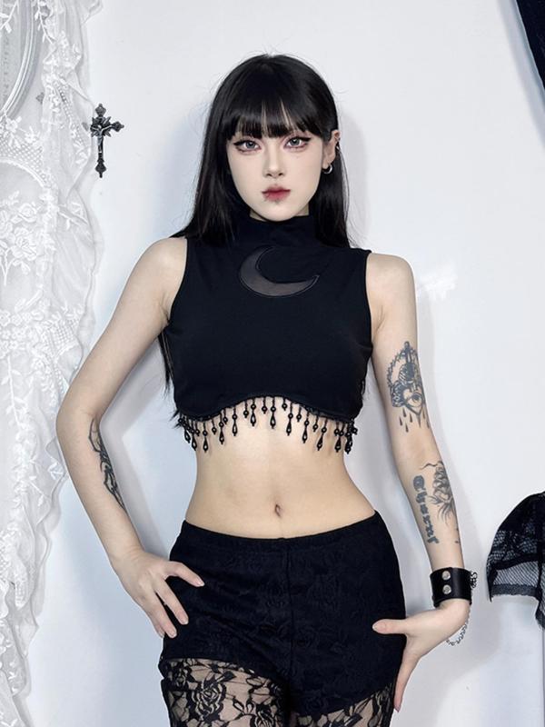Women's Moon Design Fringe Trim Cut Out Crop Top, Punk Fashion Casual Contrast Mesh Sleeveless Top for Daily Outdoor Wear, Women Clothing for Fall