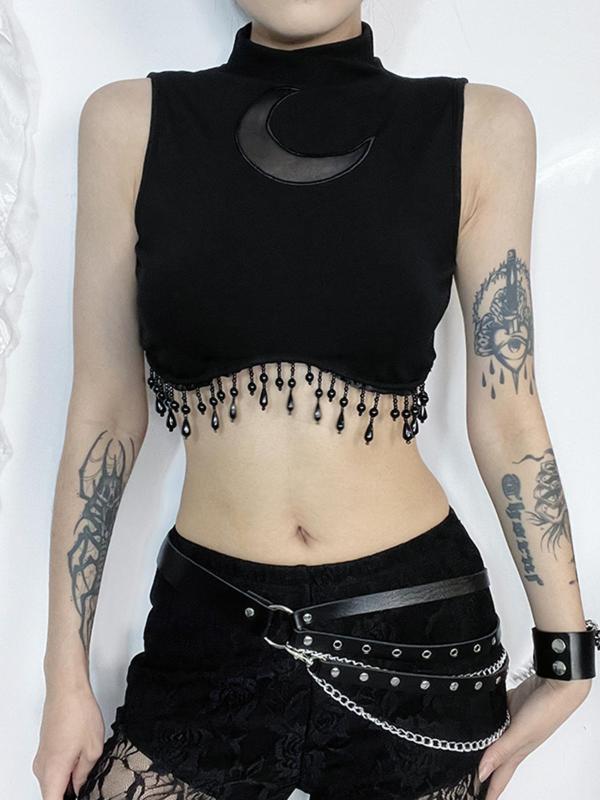 Women's Moon Design Fringe Trim Cut Out Crop Top, Punk Fashion Casual Contrast Mesh Sleeveless Top for Daily Outdoor Wear, Women Clothing for Fall