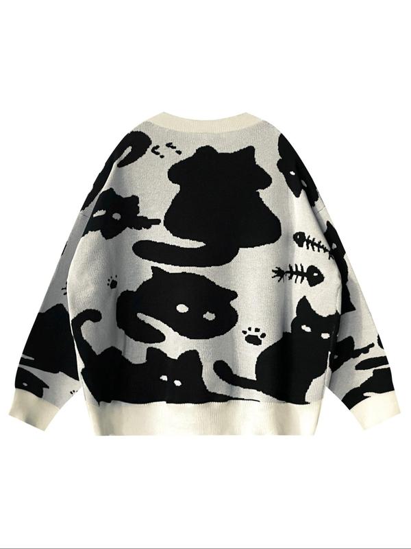 Women's Cartoon Cat Print Drop Shoulder Sweater, Casual Long Sleeve Round Neck Jumper for Fall & Winter, Fashion Ladies' Knitwear for Daily Wear