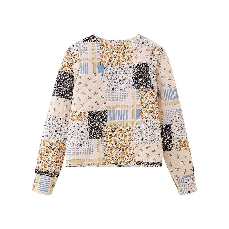 Women Floral Cropped Puffer Jacket Cardigan Long Sleeve Open Front Quilted Coat Patchwork Lightweight Padded Coat