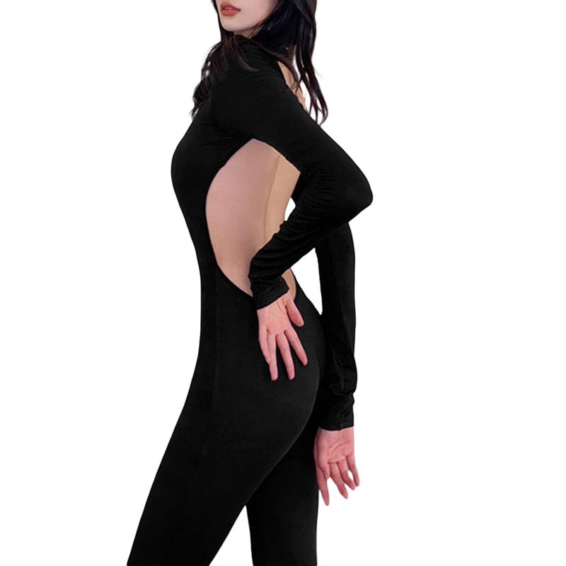 Women Flare Leg Jumpsuit, Fashion Long Sleeve Backless Solid Color Bodycon Romper Pants