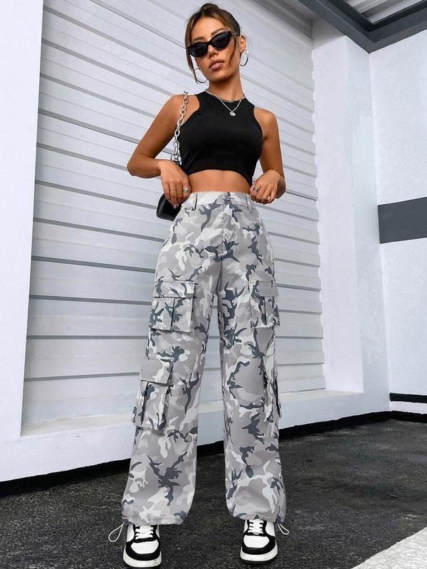 Women's Camo Print High Waist Drawstring Hem Cargo Pants, Casual Flap Pocket Button Wide Leg Trousers for Spring & Fall, Women's Bottoms for Daily Wear