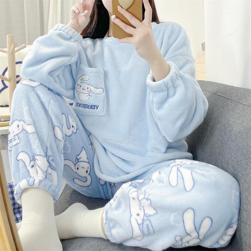 Cinnamoroll Pajamas Kawaii  Flannel Pullover Coral Velvet Winter Warm Pajamas Homewear Girl Gifts