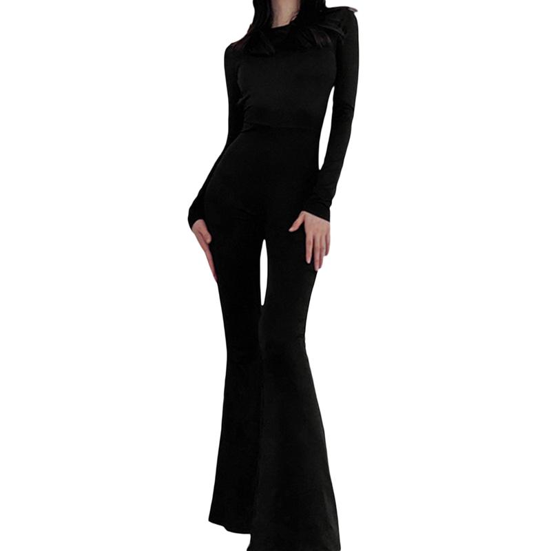 Women Flare Leg Jumpsuit, Fashion Long Sleeve Backless Solid Color Bodycon Romper Pants