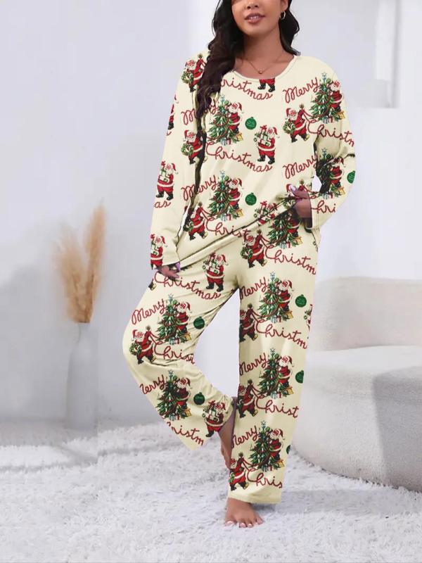  Two-Piece Set Christmas Print Drop Shoulder Tee & Pants Pajama, Casual Comfy Round Neck Long Sleeve T-shirt & Trousers PJ Set, Women's Sleepwear for Spring & Fall