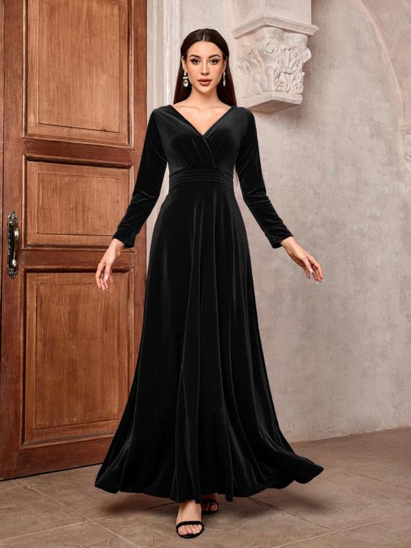 Women's Plain Ruched Wrap Velvet Dress, Elegant V Neck Long Sleeve A Line Dress for Party Evening Formal Occasions, Ladies Fall & Winter Clothes