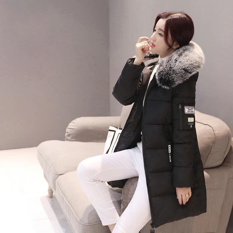 Women's Parka Coats Solid Color Cotton Casual Faux Fur Collar Long Hooded Jackets Thick Warm Slim-fit Jacket Female Overcoat Clothes Christmas Gift