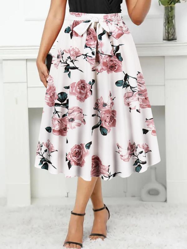 Vintage Women's Floral Print Knot Front A Line Skirt, Casual Elegant High Waist Midi Skirt, Ladies Summer Clothes for Vacation Holiday Daily Wear