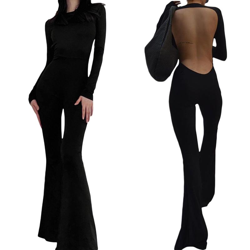 Women Flare Leg Jumpsuit, Fashion Long Sleeve Backless Solid Color Bodycon Romper Pants