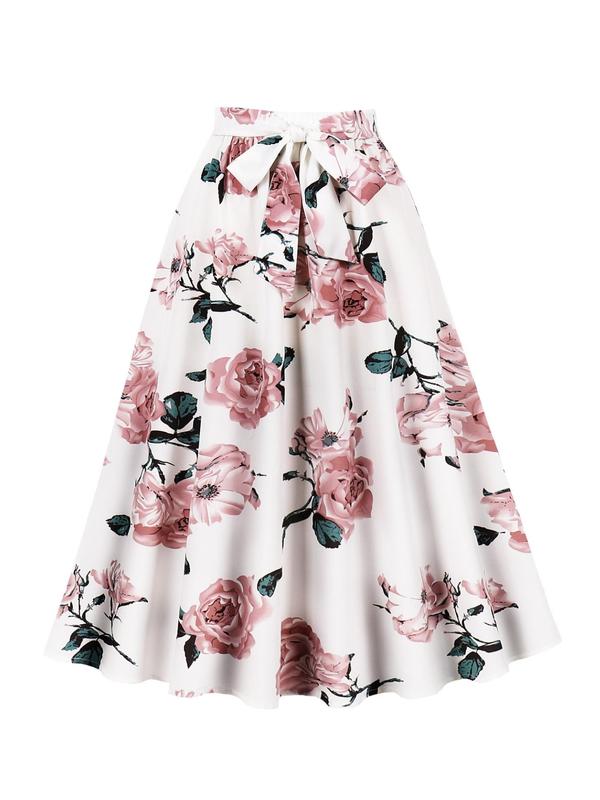 Vintage Women's Floral Print Knot Front A Line Skirt, Casual Elegant High Waist Midi Skirt, Ladies Summer Clothes for Vacation Holiday Daily Wear