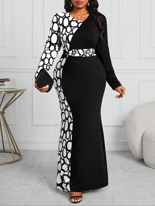  Colorblock Print V Neck Bodycon Dress, Elegant Long Sleeve High Waist Dress for Party Holiday Wedding Guest, Women's Clothes for Fall & Winter