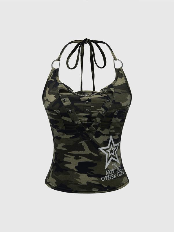 ROMWE Grunge Punk Y2K Vintage Punk Rivet Camouflage Chain Pentagram English Pendant Women Tank Top