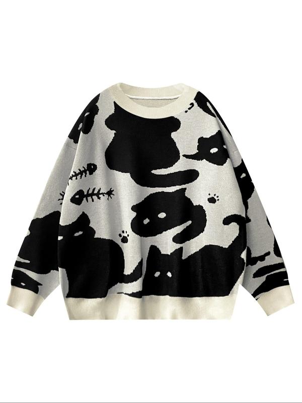Women's Cartoon Cat Print Drop Shoulder Sweater, Casual Long Sleeve Round Neck Jumper for Fall & Winter, Fashion Ladies' Knitwear for Daily Wear