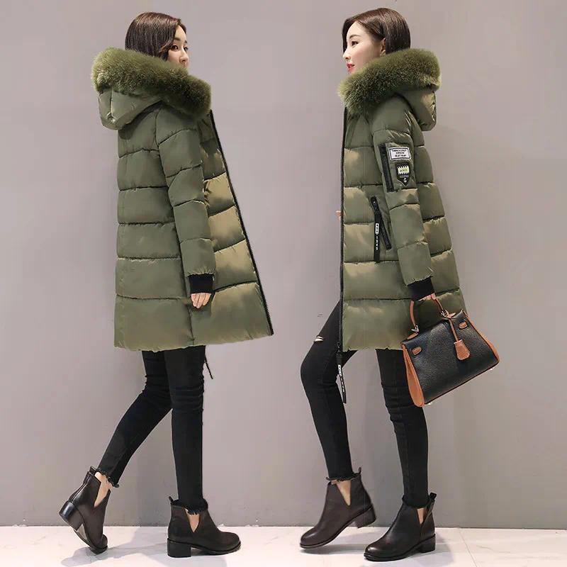 Women's Parka Coats Solid Color Cotton Casual Faux Fur Collar Long Hooded Jackets Thick Warm Slim-fit Jacket Female Overcoat Clothes Christmas Gift