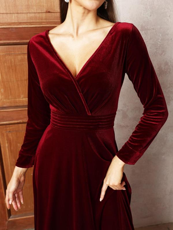 Women's Plain Ruched Wrap Velvet Dress, Elegant V Neck Long Sleeve A Line Dress for Party Evening Formal Occasions, Ladies Fall & Winter Clothes