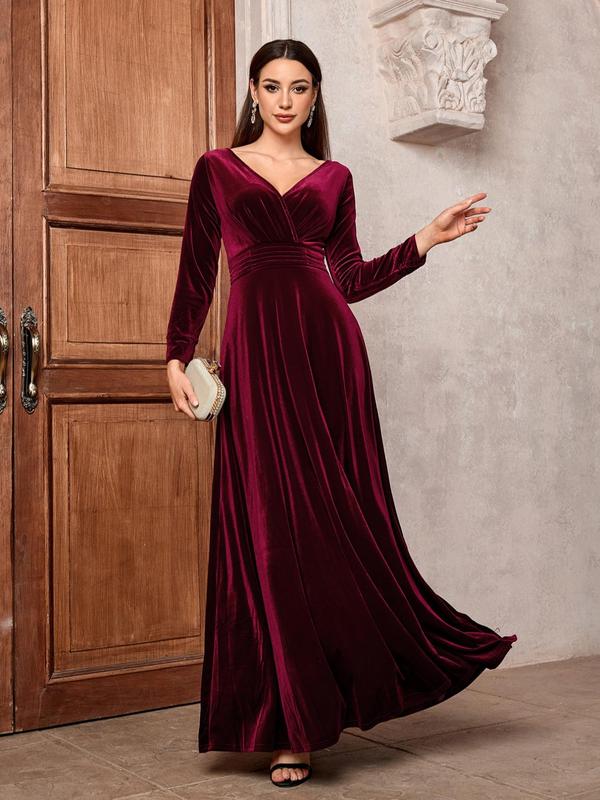 Women's Plain Ruched Wrap Velvet Dress, Elegant V Neck Long Sleeve A Line Dress for Party Evening Formal Occasions, Ladies Fall & Winter Clothes