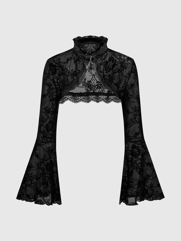 ROMWE Goth Gothic Versatile Slit Bell Sleeve Women Retro Flocked Black Lace Top