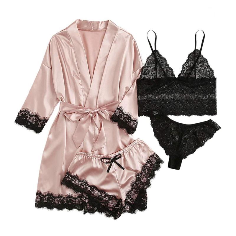 Women' Silk Satin Pajamas Set 4pcs Lingerie Floral Lace Sleepwear With Robe Nightgown Long