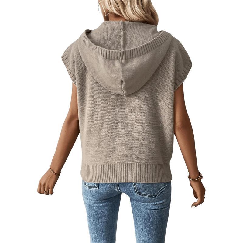 Women's Casual Kangaroo Pocket Hooded Neck Cap Sleeve Solid Sweater Vest Fit Womenswear