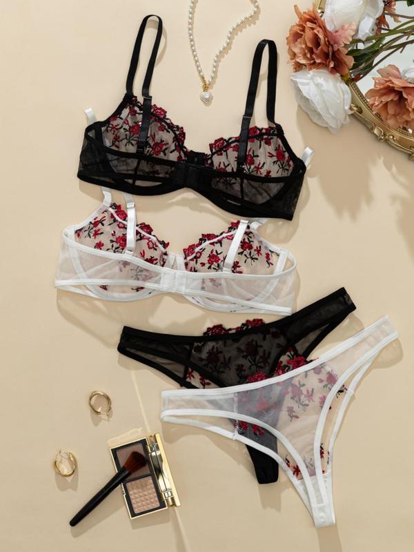 Women's Floral Embroidery Sheer Tulle Sexy Lingerie Set, Adjustable Strap Push Up Bra & Thong Set, Sexy Lingerie Set for Women