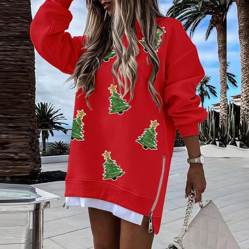 ChicMe Women's Christmas Tree Pattern Casual Dress Side Zipper Slit Pullover Sweatshirt Fabric Womenswear