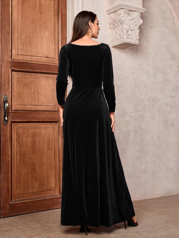 Women's Plain Ruched Wrap Velvet Dress, Elegant V Neck Long Sleeve A Line Dress for Party Evening Formal Occasions, Ladies Fall & Winter Clothes