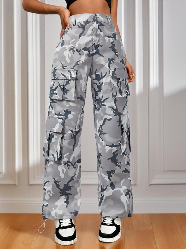 Women's Camo Print High Waist Drawstring Hem Cargo Pants, Casual Flap Pocket Button Wide Leg Trousers for Spring & Fall, Women's Bottoms for Daily Wear