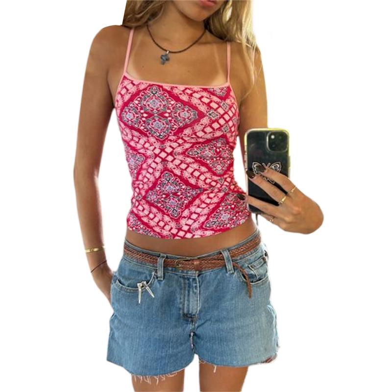 Women Fairy Tank Top Y2k Vintage Floral Print Lace Ruffle Sleeveless Backless Cami Top Going Out Crop Top Streetwear