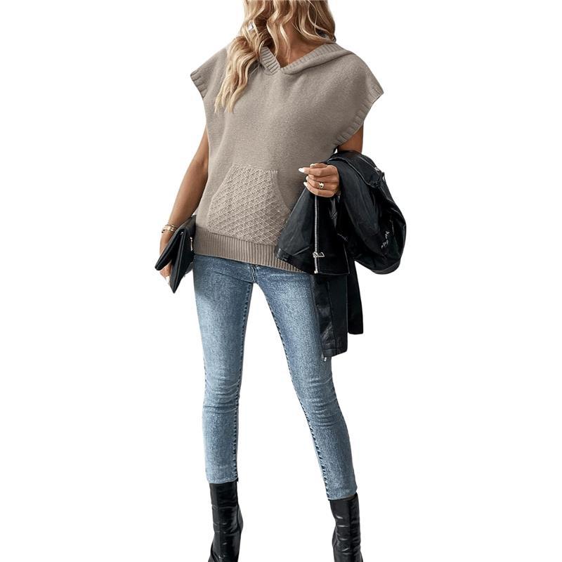 Women's Casual Kangaroo Pocket Hooded Neck Cap Sleeve Solid Sweater Vest Fit Womenswear