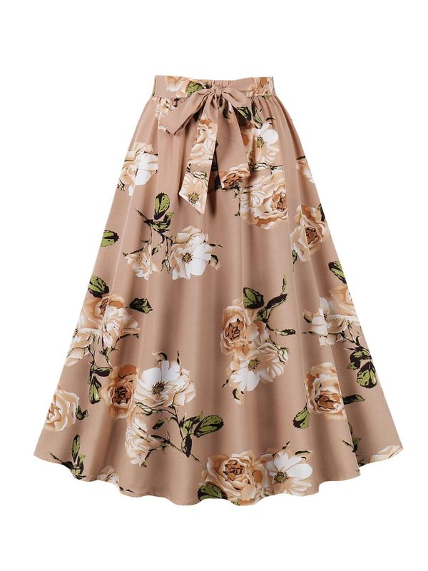 Vintage Women's Floral Print Knot Front A Line Skirt, Casual Elegant High Waist Midi Skirt, Ladies Summer Clothes for Vacation Holiday Daily Wear