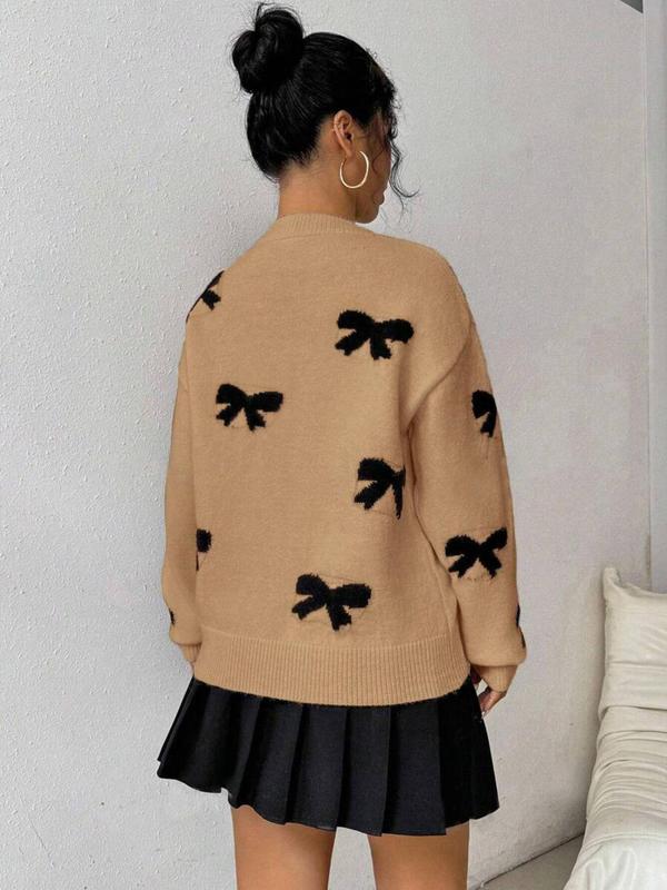 Women's Bow Print Drop Shoulder Sweater, Casual Long Sleeve Round Neck Jumper for Fall & Winter, Fashion Ladies' Knitwear for Daily Wear