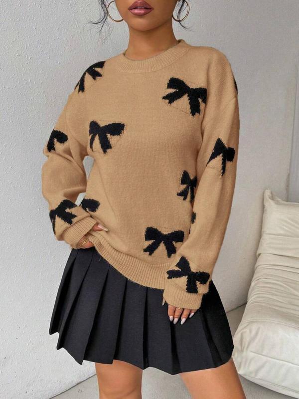 Women's Bow Print Drop Shoulder Sweater, Casual Long Sleeve Round Neck Jumper for Fall & Winter, Fashion Ladies' Knitwear for Daily Wear